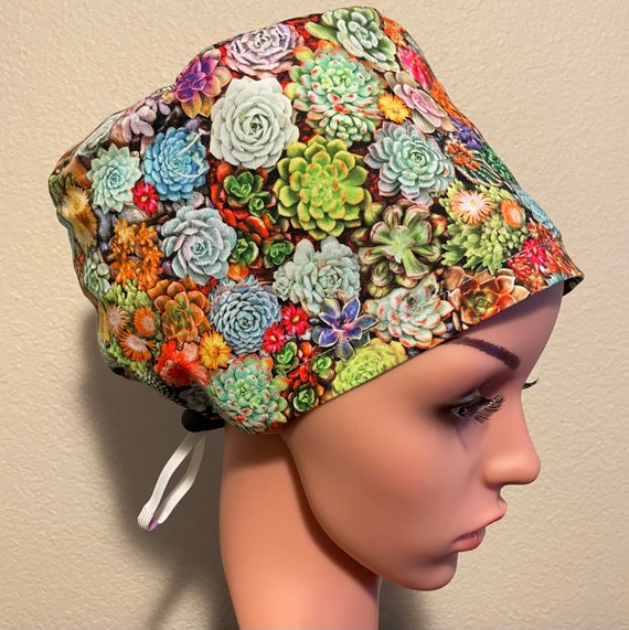 Women's Surgical Cap, Scrub Hat, Chemo Cap, Succulents