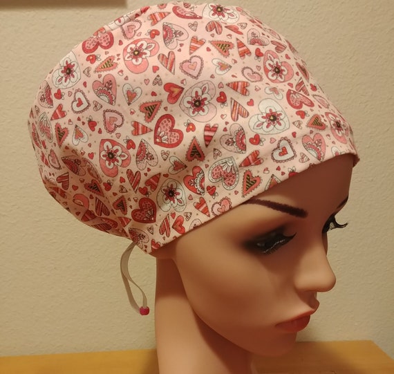 Women's Surgical Cap, Scrub Hat, Chemo Cap, Doodle Hearts