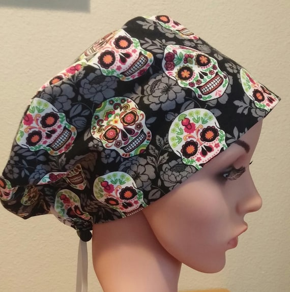 Women's Surgical Cap, Scrub Hat, Chemo Cap, Sugar Skull Hat