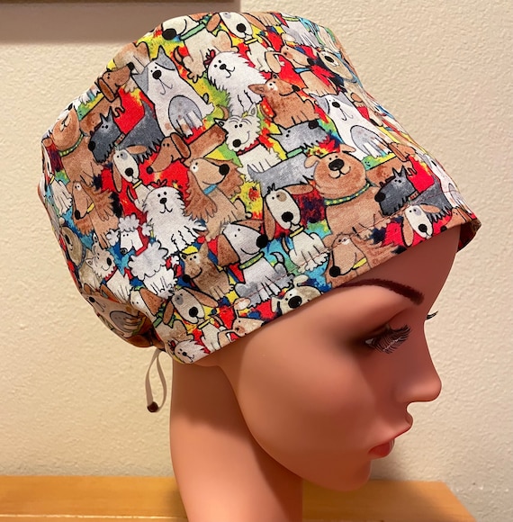 Women's Surgical Cap, Scrub Hat, Chemo Cap, Stacked Dogs