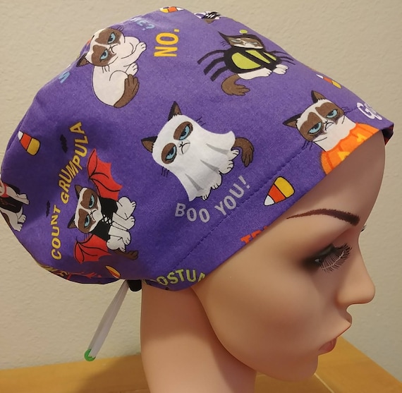 Women's Surgical Cap, Scrub Hat, Chemo Cap, Grumpy Cat