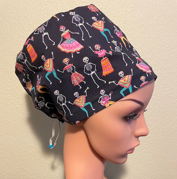 Women's Surgical Cap, Scrub Hat, Chemo Cap, Day of the Dead Dancing Skeletons
