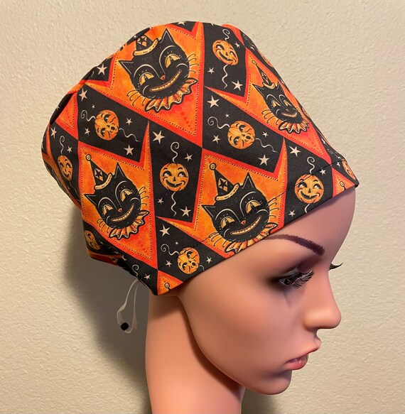 Women's Surgical Cap, Scrub Hat, Chemo Cap, Vintage Halloween Cats and Pumpkins