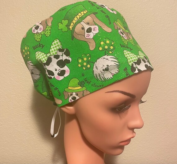 Women's Surgical Cap, Scrub Hat, Chemo Cap, St Patrick’s Day Pooches