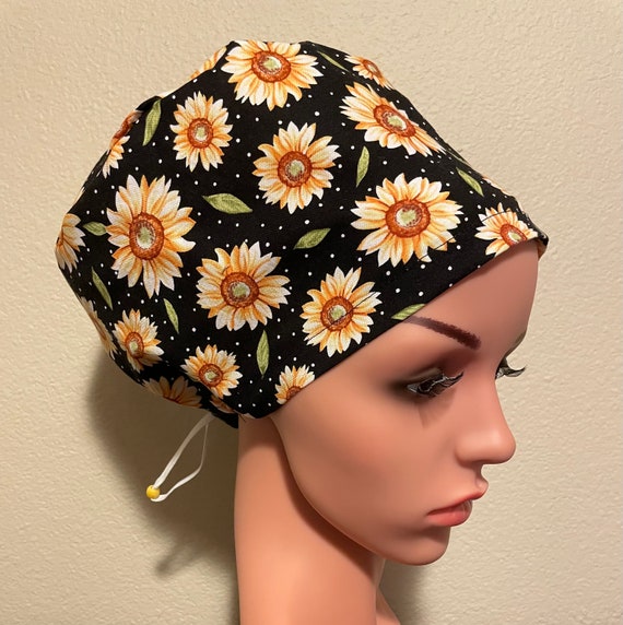 Women's Surgical Cap, Scrub Hat, Chemo Cap, Blue and Yellow flowers