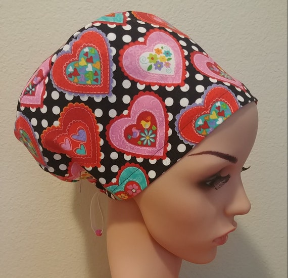 Women's Surgical Cap, Scrub Hat, Chemo Cap,  Hearts with Polka Dots