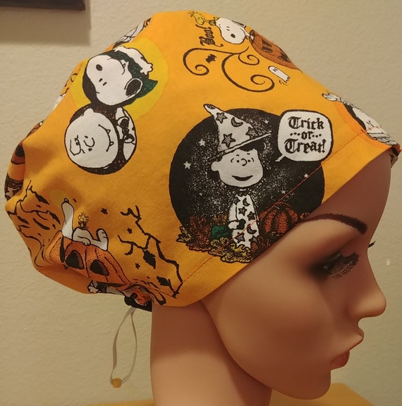 Women's Surgical Cap, Scrub Hat, Chemo Cap, Peanuts Trick or Treat