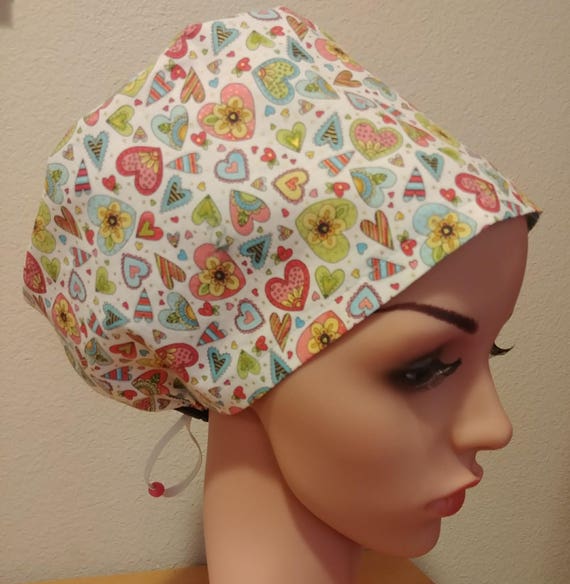 Women's Surgical Cap, Scrub Hat, Chemo Cap, Doodle Hearts