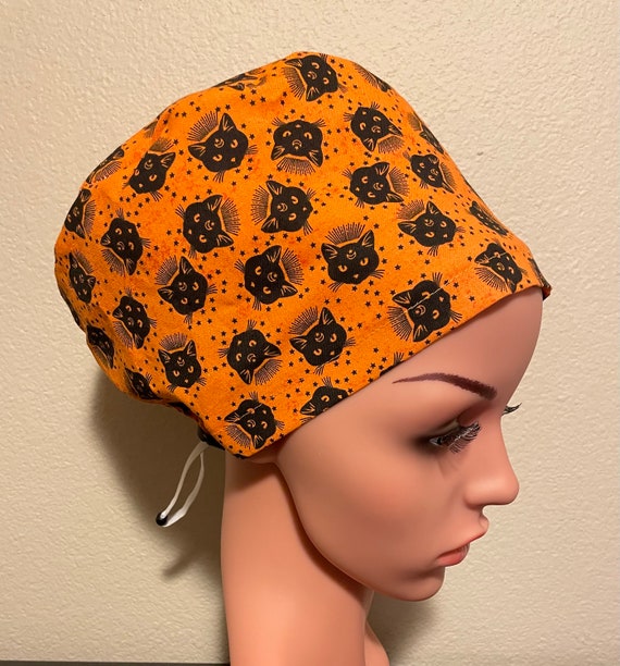 Women's Surgical Cap, Scrub Hat, Chemo Cap,  Black Cat