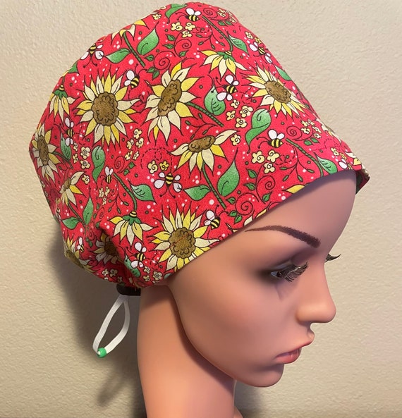 Women's Surgical Cap, Scrub Hat, Chemo Cap, Sunflowers and Bees