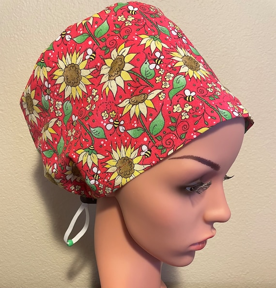 Women's Surgical Cap, Scrub Hat, Chemo Cap, Sunflowers and Bees