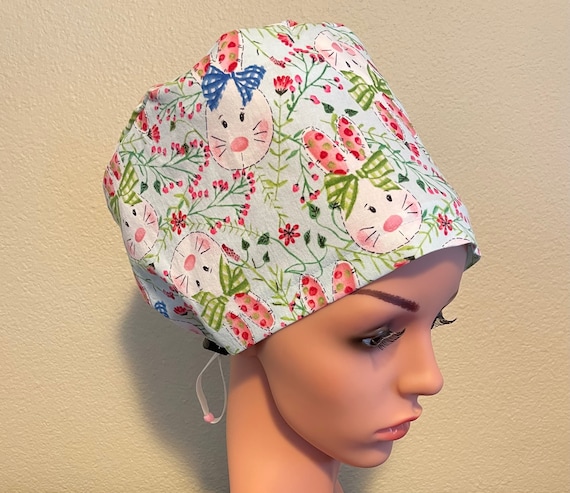 Women's Surgical Cap, Scrub Hat, Chemo Cap,  Gingham Easter Bunny