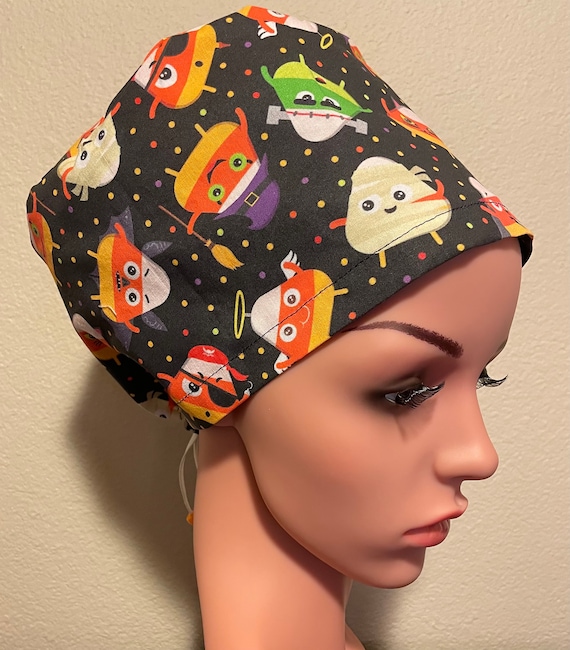 Women's Surgical Cap, Scrub Hat, Chemo Cap, Candy Corn