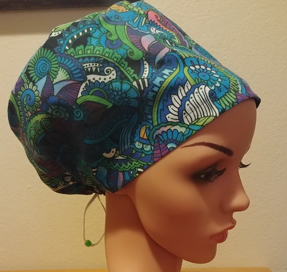 Women's Surgical Cap, Scrub Hat, Chemo Cap, Blue Tone Geometric shapes