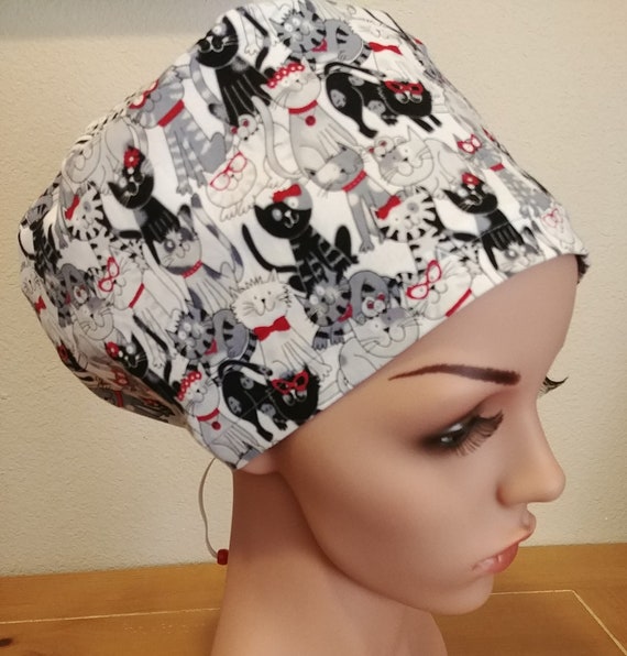 Women's Surgical Cap, Scrub Hat, Chemo Cap,  Kitties with Red Glasses