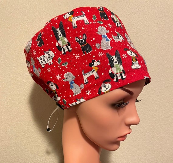 Women's Surgical Cap, Scrub Hat, Chemo Cap,   Christmas Dogs