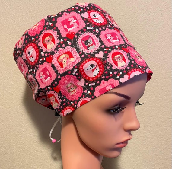 Women's Surgical Cap, Scrub Hat, Chemo Cap, Valentine Pooches
