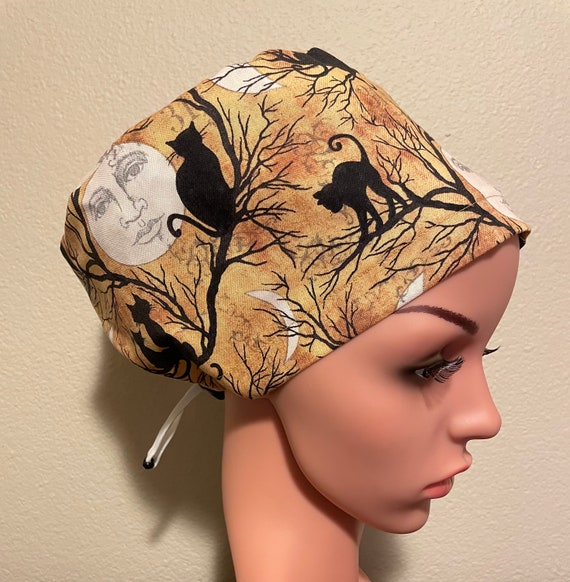 Women's Surgical Cap, Scrub Hat, Chemo Cap, Black Cat,  Cat Silhouettes