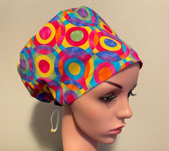 Women's Surgical Cap, Scrub Hat, Chemo Cap, Multi Colorful Circles