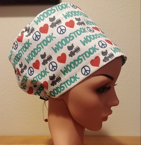 Women's Surgical Cap, Scrub Hat, Chemo Cap, Black Quatrefoil,  Woodstock