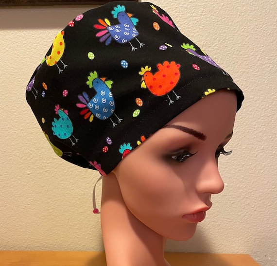 Women's Surgical Cap, Scrub Hat, Chemo Cap,  Neon Chickens