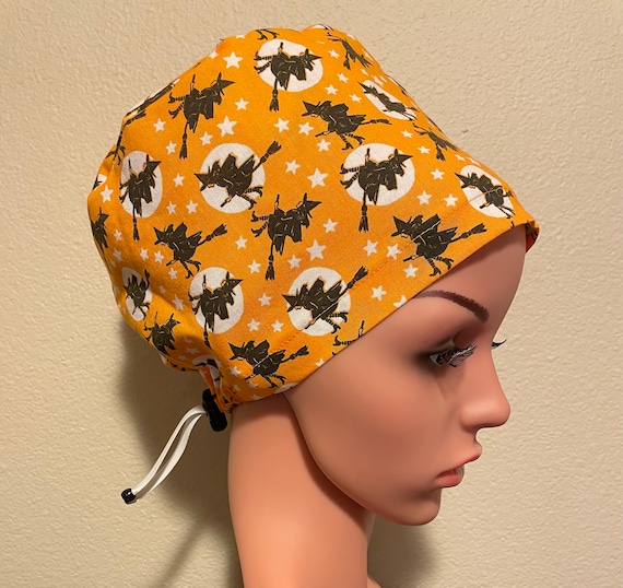 Women's Surgical Cap, Scrub Hat, Chemo Cap, Black Cat,  Flying Witches