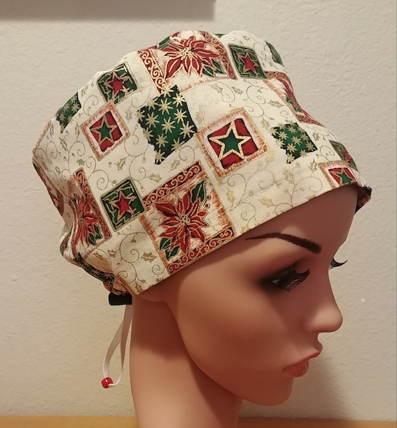 Women's Surgical Cap, Scrub Hat, Chemo Cap, Christmas Poinsettia