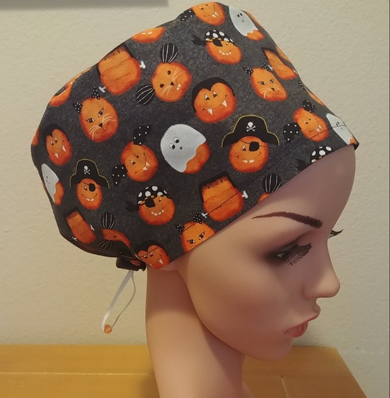 Women's Surgical Cap, Scrub Hat, Chemo Cap, Pumpkin Faces