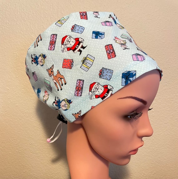 Women's Surgical Cap, Scrub Hat, Chemo Cap,  Rudolph with Elves