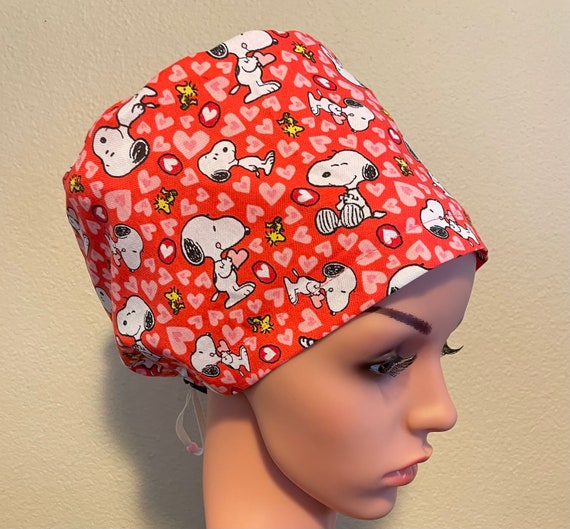 Women's Surgical Cap, Scrub Hat, Chemo Cap,  Snoopy Valentine Hearts