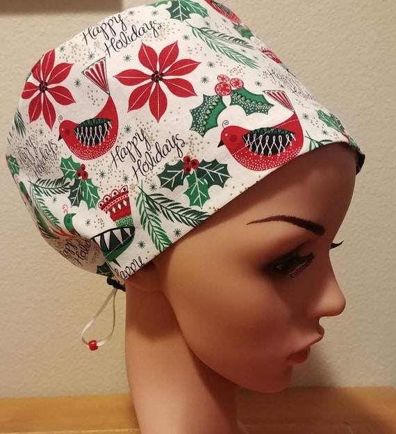 Women's Surgical Cap, Scrub Hat, Chemo Cap, Happy Holidays