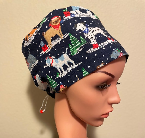 Women's Surgical Cap, Scrub Hat, Chemo Cap,   Playful Snow Dogs