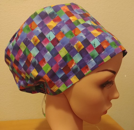 Women's Surgical Cap, Scrub Hat, Purple Checkerboard