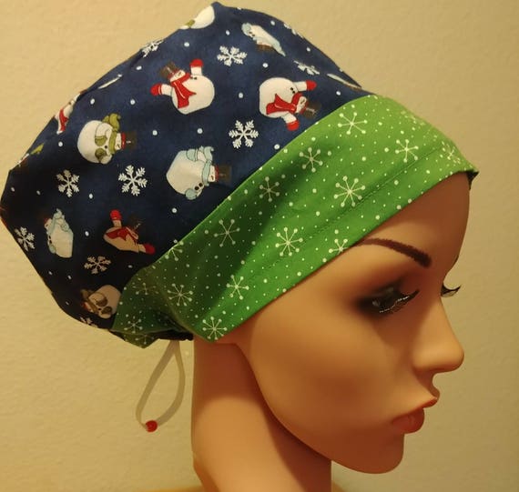 Women's Surgical Cap, Scrub Hat, Chemo Cap, Snowmen and Snowflakes
