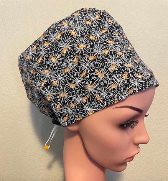 Women's Surgical Cap, Scrub Hat, Chemo Cap, Spiderwebs and Spiders