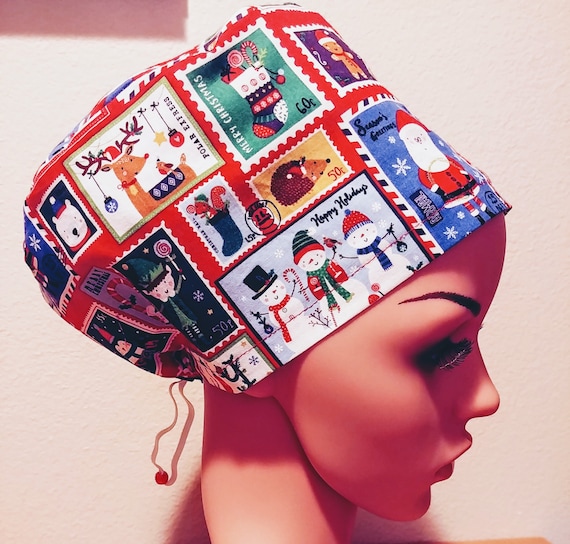 Women's Surgical Cap, Scrub Hat, Chemo Cap,  Christmas Postage Stamps