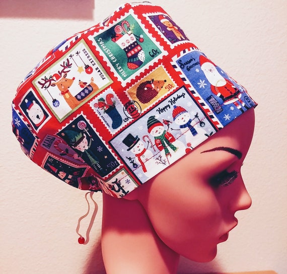 Women's Surgical Cap, Scrub Hat, Chemo Cap,  Christmas Postage Stamps