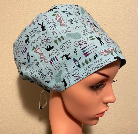 Women's Surgical Cap, Scrub Hat, Chemo Cap, Hiking Words