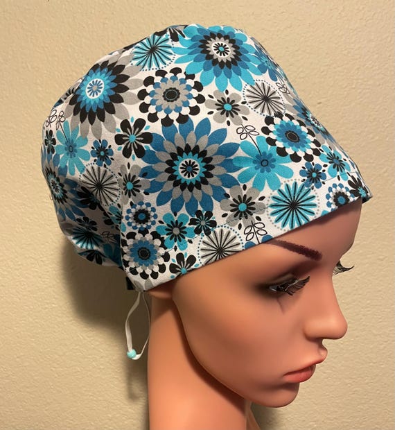 Women's Surgical Cap, Scrub Hat, Chemo Cap,  Blue Florals
