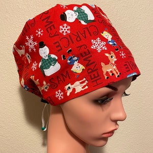 Women's Surgical Cap, Scrub Hat, Chemo Cap, Rudolph and Friends