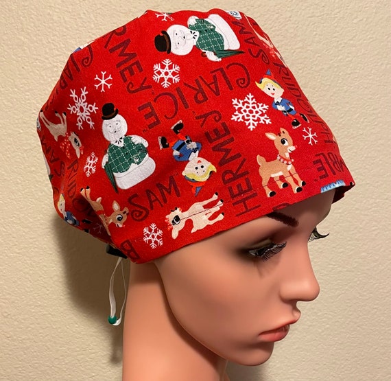 Women's Surgical Cap, Scrub Hat, Chemo Cap, Rudolph and Friends