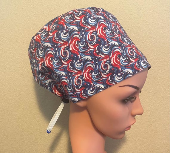 Women's Surgical Cap, Scrub Hat, Chemo Cap,  Patriotic Swirls