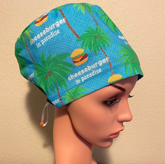 Women's Surgical Cap, Scrub Hat, Chemo Cap, Cheeseburger in Paradise