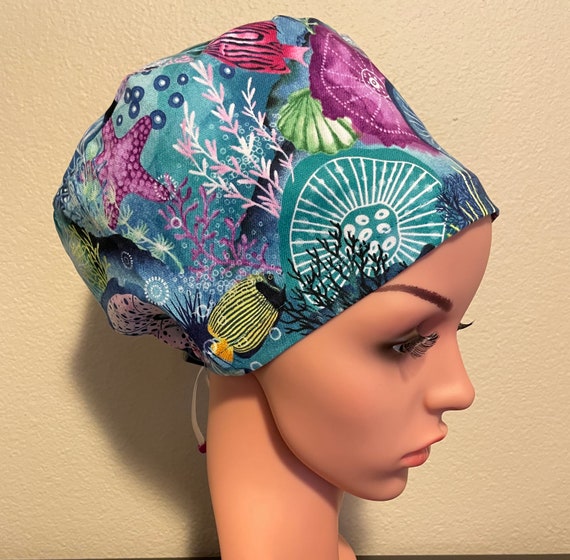 Women's Surgical Cap, Scrub Hat, Chemo Cap,  Underwater Corals and Sea Stars