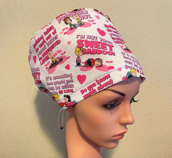 Women's Surgical Cap, Scrub Hat, Chemo Cap, Peanuts Valentine Quotes