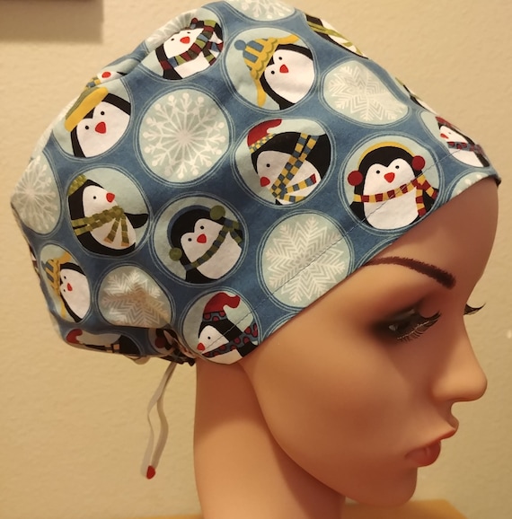 Women's Surgical Cap, Scrub Hat, Chemo Cap, Christmas Penguins