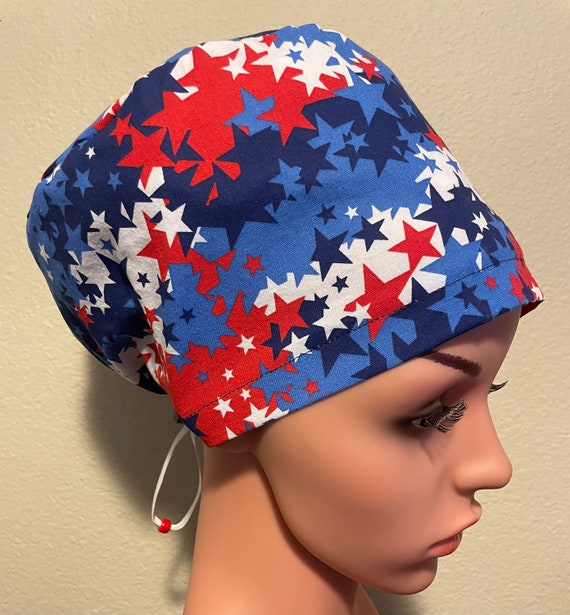 Women's Surgical Cap, Scrub Hat, Chemo Cap, Red, Patriotic Stars