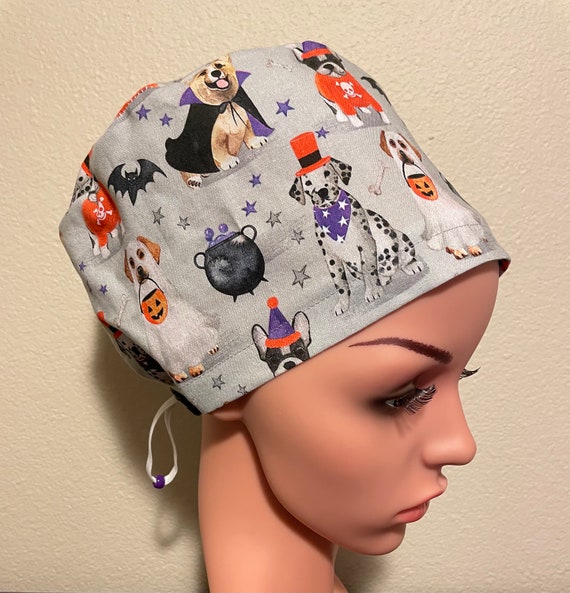 Women's Surgical Cap, Scrub Hat, Chemo Cap, Trick or Treat Dogs