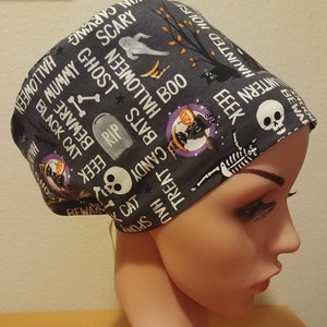 Women's Surgical Cap, Scrub Hat, Chemo Cap, Ghostly Glow Town