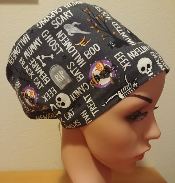 Women's Surgical Cap, Scrub Hat, Chemo Cap, Ghostly Glow Town